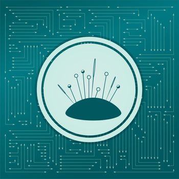 Sewing Needle icon on a green background, with arrows in different directions. It appears on the electronic board. illustration