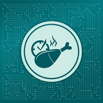 Chicken leg or drumstick icon on a green background, with arrows in different directions. It appears on the electronic board. illustration