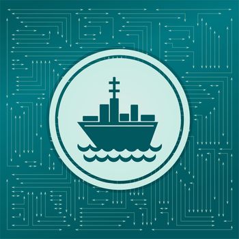 Ship boat icon on a green background, with arrows in different directions. It appears on the electronic board. illustration