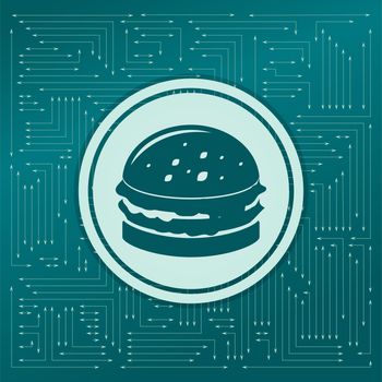 Burger, sandwich, hamburger icon on a green background, with arrows in different directions. It appears on the electronic board. illustration