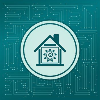 warm Home icon on a green background, with arrows in different directions. It appears on the electronic board. illustration