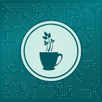 green tea icon on a green background, with arrows in different directions. It appears on the electronic board. illustration