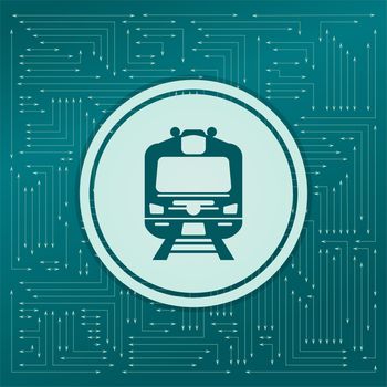 Train icon on a green background, with arrows in different directions. It appears on the electronic board. illustration