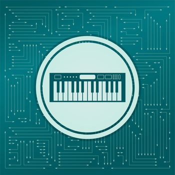 synthesizer icon on a green background, with arrows in different directions. It appears on the electronic board. illustration