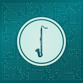 Saxophone icon on a green background, with arrows in different directions. It appears on the electronic board. illustration