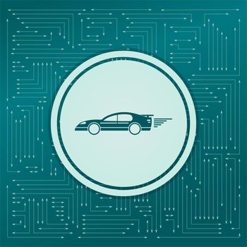 Super Car icon on a green background, with arrows in different directions. It appears on the electronic board. illustration