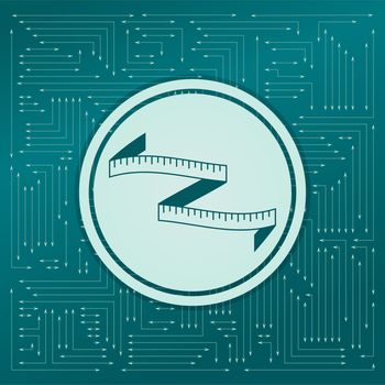 Measuring tape icon on a green background, with arrows in different directions. It appears on the electronic board. illustration