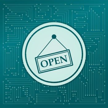 Open Icon on a green background, with arrows in different directions. It appears on the electronic board. illustration