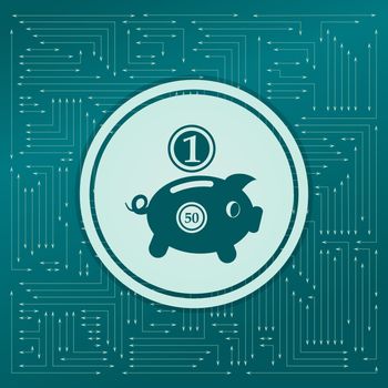 Piggy bank and dollar coin icon on a green background, with arrows in different directions. It appears on the electronic board. illustration