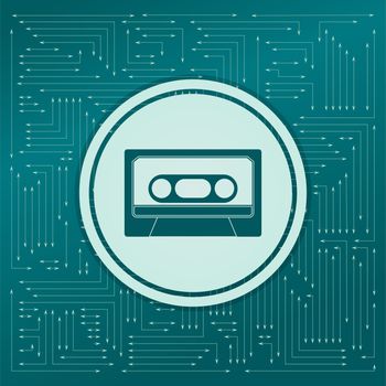 Cassette icon on a green background, with arrows in different directions. It appears on the electronic board. illustration