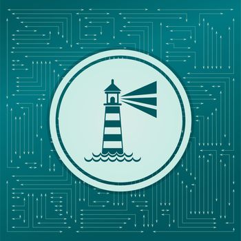 Lighthouse icon on a green background, with arrows in different directions. It appears on the electronic board. illustration