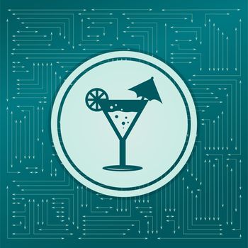 Cocktail party, martini icon on a green background, with arrows in different directions. It appears on the electronic board. illustration