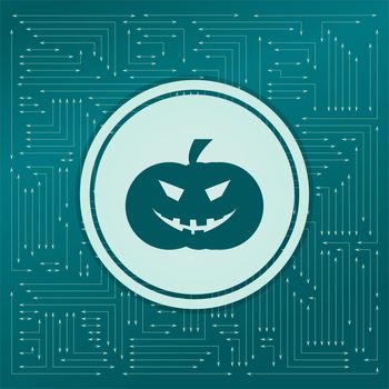halloween pumpkin icon on a green background, with arrows in different directions. It appears on the electronic board. illustration