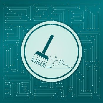 Broom icon on a green background, with arrows in different directions. It appears on the electronic board. illustration