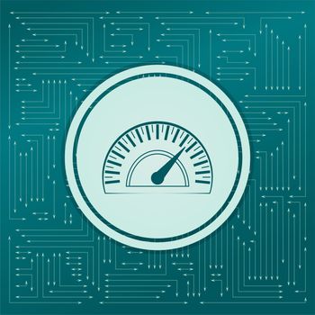 Speedometer icon on a green background, with arrows in different directions. It appears on the electronic board. illustration