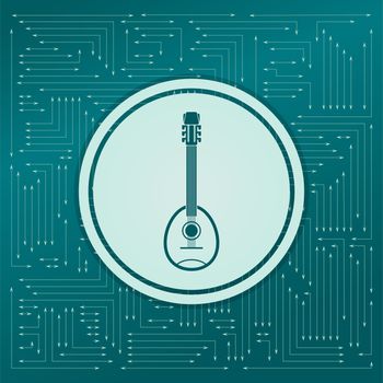 Guitar, music instrument icon on a green background, with arrows in different directions. It appears on the electronic board. illustration