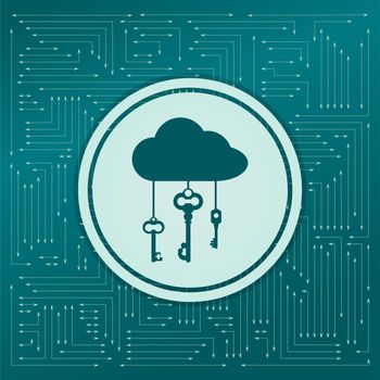 cloud computer storage with lock icon on a green background, with arrows in different directions. It appears on the electronic board. illustration