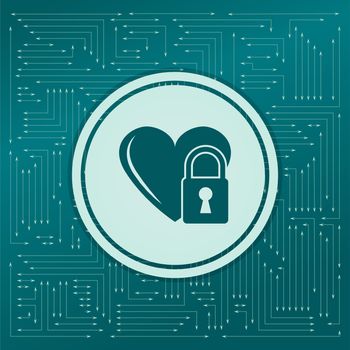 heart lock icon on a green background, with arrows in different directions. It appears on the electronic board. illustration