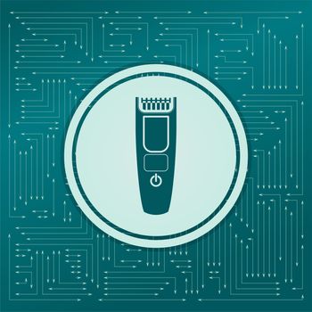 Shaver hairclipper icon on a green background, with arrows in different directions. It appears on the electronic board. illustration