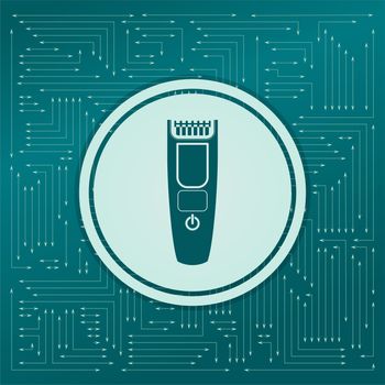 Shaver hairclipper icon on a green background, with arrows in different directions. It appears on the electronic board. illustration