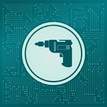 Screwdriver, power drill icon on a green background, with arrows in different directions. It appears on the electronic board. illustration