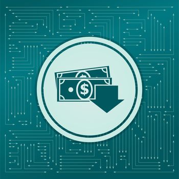 money cash icon on a green background, with arrows in different directions. It appears on the electronic board. illustration