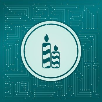 Candle icon on a green background, with arrows in different directions. It appears on the electronic board. illustration