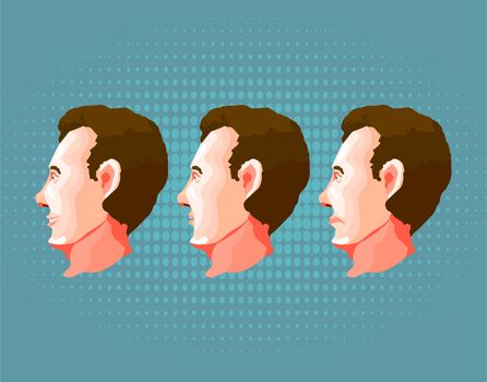 Male face with different emotions on blue background. Illustration