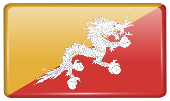 Flags of Bhutan in the form of a magnet on refrigerator with reflections light. illustration