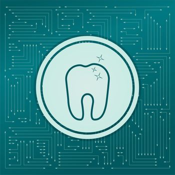 Tooth Icon on a green background, with arrows in different directions. It appears on the electronic board. illustration