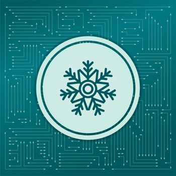 Snowflake icon on a green background, with arrows in different directions. It appears on the electronic board. illustration