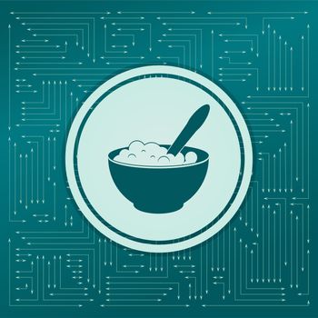 porridge icon on a green background, with arrows in different directions. It appears on the electronic board. illustration