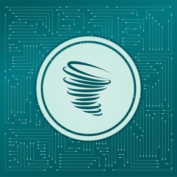 Tornado icon on a green background, with arrows in different directions. It appears on the electronic board. illustration