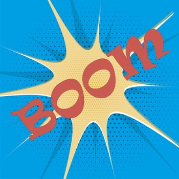 Boom explosion text description in the style of comics, pop, art, retro. Illustration