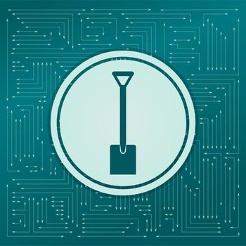 Shovel icon on a green background, with arrows in different directions. It appears on the electronic board. illustration