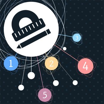 Protractor, ruler, pen icon with the background to the point and with infographic style. illustration