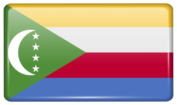 Flags of Comoros in the form of a magnet on refrigerator with reflections light. illustration