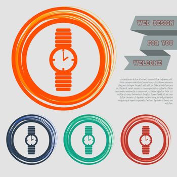 watch icon on the red, blue, green, orange buttons for your website and design with space text. illustration