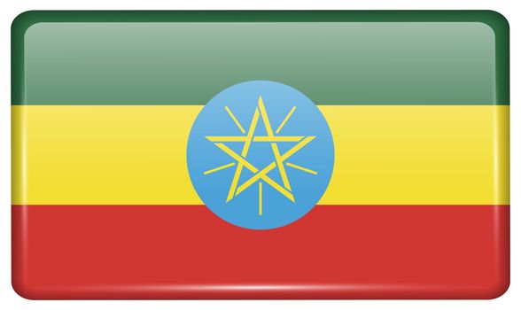 Flags of Ethiopia in the form of a magnet on refrigerator with reflections light. illustration