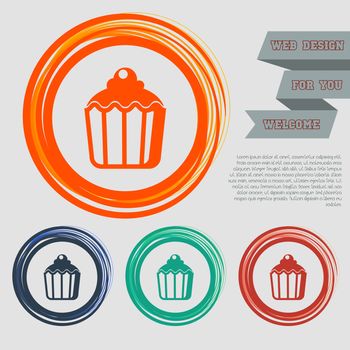 cupcake, muffin icon on the red, blue, green, orange buttons for your website and design with space text. illustration