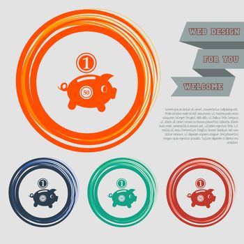 Piggy bank and dollar coin icon on the red, blue, green, orange buttons for your website and design with space text. illustration