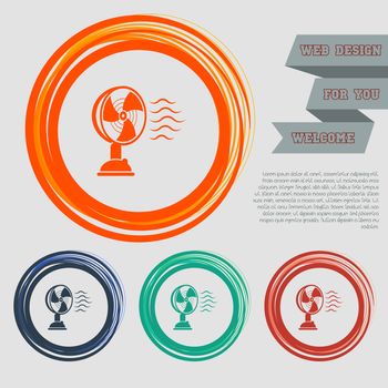 Fan icon on the red, blue, green, orange buttons for your website and design with space text. illustration