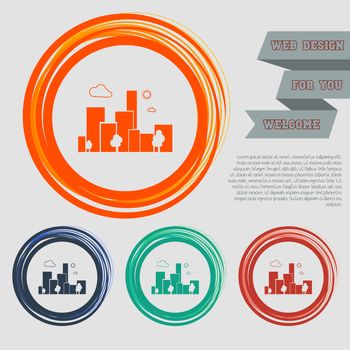 City Icon on the red, blue, green, orange buttons for your website and design with space text. illustration