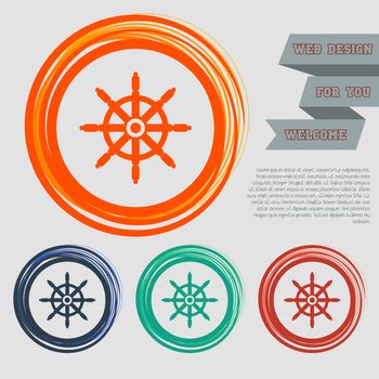Ship steering wheel icon on the red, blue, green, orange buttons for your website and design with space text. illustration