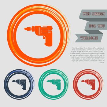Screwdriver, power drill icon on the red, blue, green, orange buttons for your website and design with space text. illustration