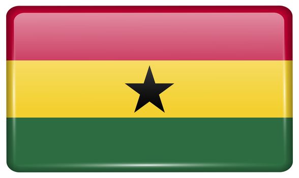 Flags of Ghana in the form of a magnet on refrigerator with reflections light. illustration