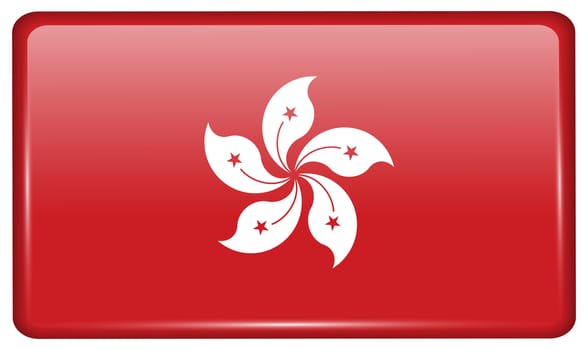 Flags of Hong Kong in the form of a magnet on refrigerator with reflections light. illustration