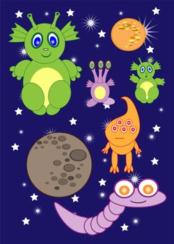 Cartoon cute monsters space of astronauts aliens, rocket, planets, comets. illustration