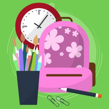 school bag with a pencil case in which the pens and pencils. Watch that show how much is left before the end of the lesson. Back to school. Start the lesson. illustration