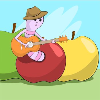 Cheerful worm crawled out of the apple and plays guitar. illustration